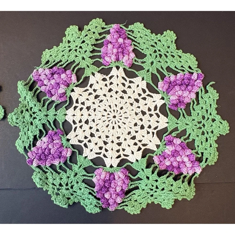 Vintage (2) Handmade Crochet Doily 3D Purple Grape Cluster Design 10.5